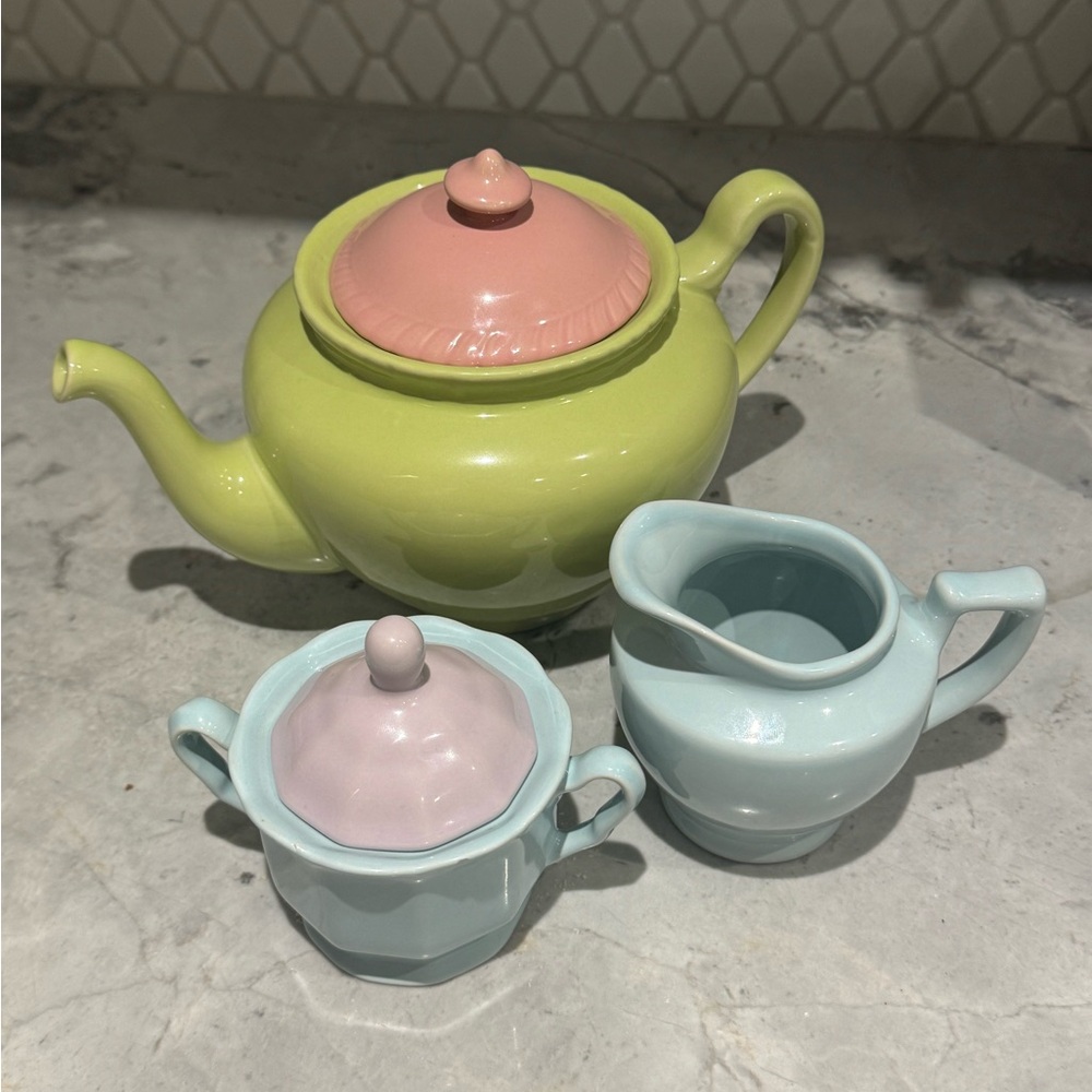 Rosanna Pastel Tea Set with Teapot, Sugar Bowl, and Creamer